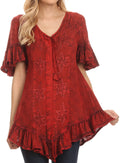 Sakkas Sayle Long Star Embroidered Blouse Shirt Top With Button Front And Ruffles#color_Red