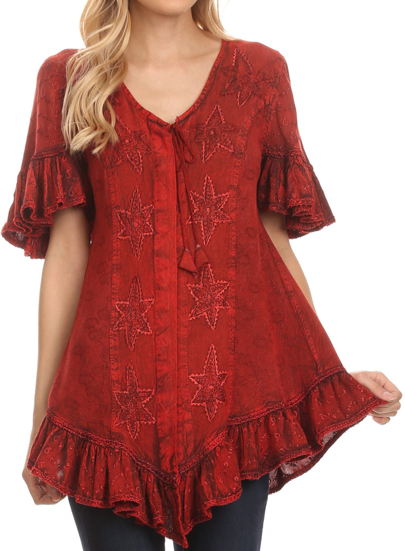 Sakkas Sayle Long Star Embroidered Blouse Shirt Top With Button Front And Ruffles