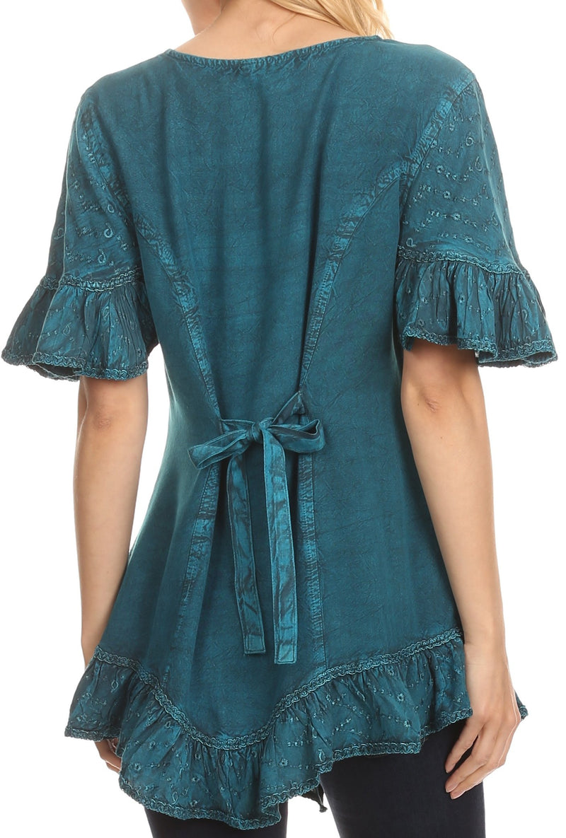 Sakkas Sayle Long Star Embroidered Blouse Shirt Top With Button Front And Ruffles