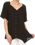 Sakkas Klaniya V Neck Button Down Embroidered Short Sleeve Light Blouse Shirt Top#color_Black