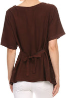Sakkas Klaniya V Neck Button Down Embroidered Short Sleeve Light Blouse Shirt Top