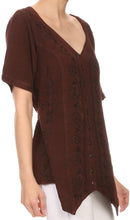 Sakkas Klaniya V Neck Button Down Embroidered Short Sleeve Light Blouse Shirt Top