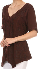 Sakkas Klaniya V Neck Button Down Embroidered Short Sleeve Light Blouse Shirt Top