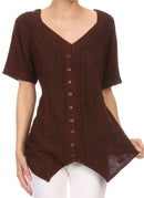 Sakkas Klaniya V Neck Button Down Embroidered Short Sleeve Light Blouse Shirt Top