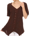 Sakkas Klaniya V Neck Button Down Embroidered Short Sleeve Light Blouse Shirt Top#color_Chocolate