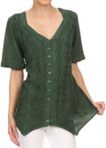 Sakkas Klaniya V Neck Button Down Embroidered Short Sleeve Light Blouse Shirt Top#color_Green