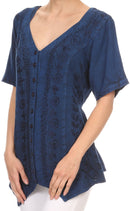 Sakkas Klaniya V Neck Button Down Embroidered Short Sleeve Light Blouse Shirt Top