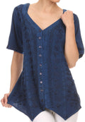 Sakkas Klaniya V Neck Button Down Embroidered Short Sleeve Light Blouse Shirt Top#color_Navy
