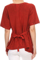 Sakkas Klaniya V Neck Button Down Embroidered Short Sleeve Light Blouse Shirt Top