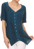 Sakkas Klaniya V Neck Button Down Embroidered Short Sleeve Light Blouse Shirt Top#color_Turquoise