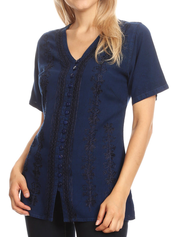 Sakkas Estella Womens Short Sleeve V neck Button Down Top Blouse with Embroidery#color_Blue
