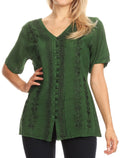 Sakkas Estella Womens Short Sleeve V neck Button Down Top Blouse with Embroidery#color_Green