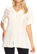 Sakkas Estella Womens Short Sleeve V neck Button Down Top Blouse with Embroidery#color_Ivory