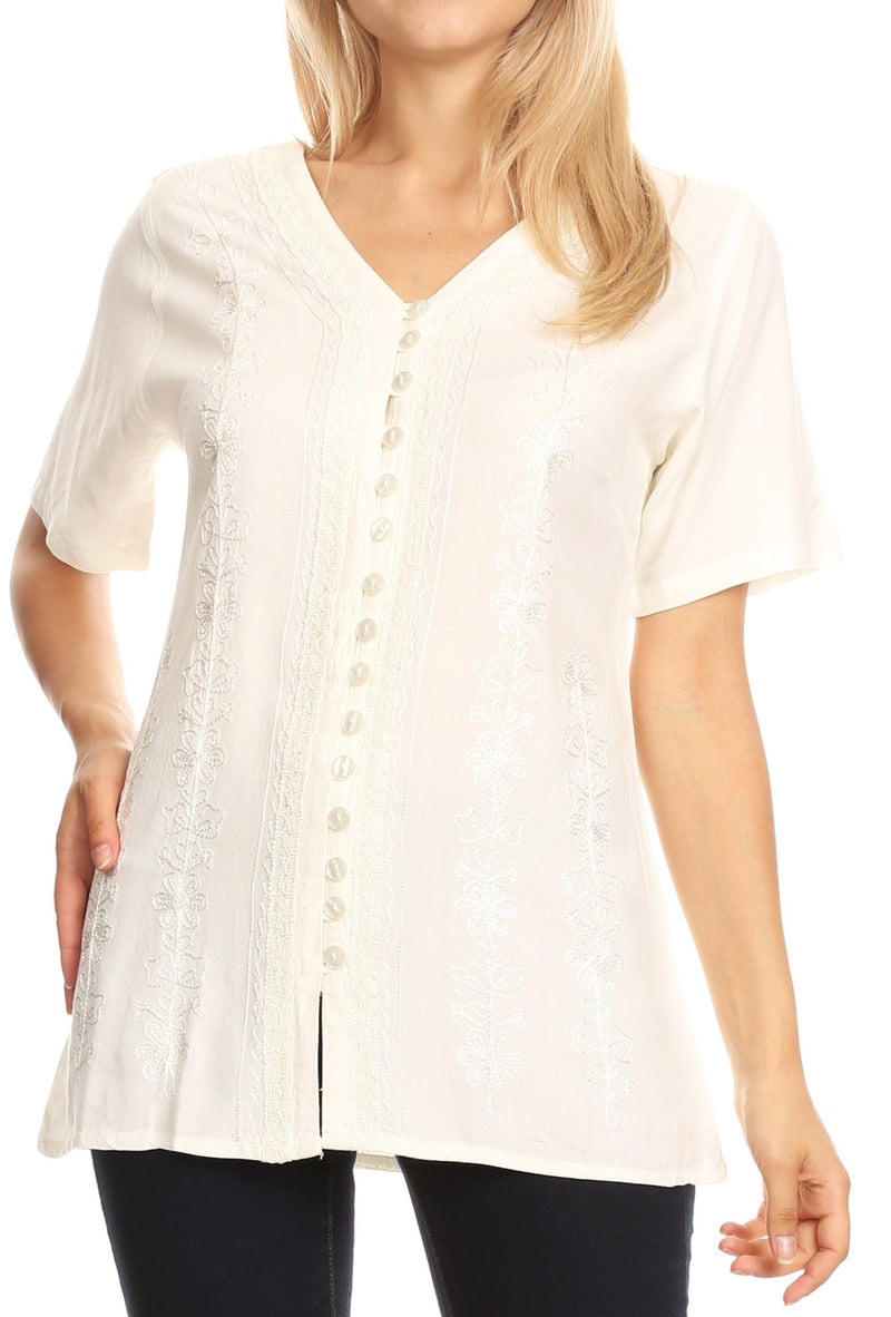 Sakkas Estella Womens Short Sleeve V neck Button Down Top Blouse with Embroidery