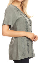Sakkas Estella Womens Short Sleeve V neck Button Down Top Blouse with Embroidery