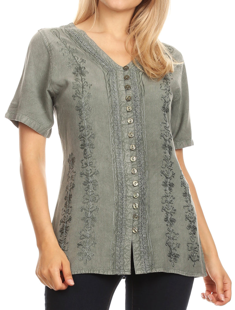 Sakkas Estella Womens Short Sleeve V neck Button Down Top Blouse with Embroidery