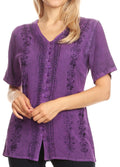 Sakkas Estella Womens Short Sleeve V neck Button Down Top Blouse with Embroidery#color_Purple