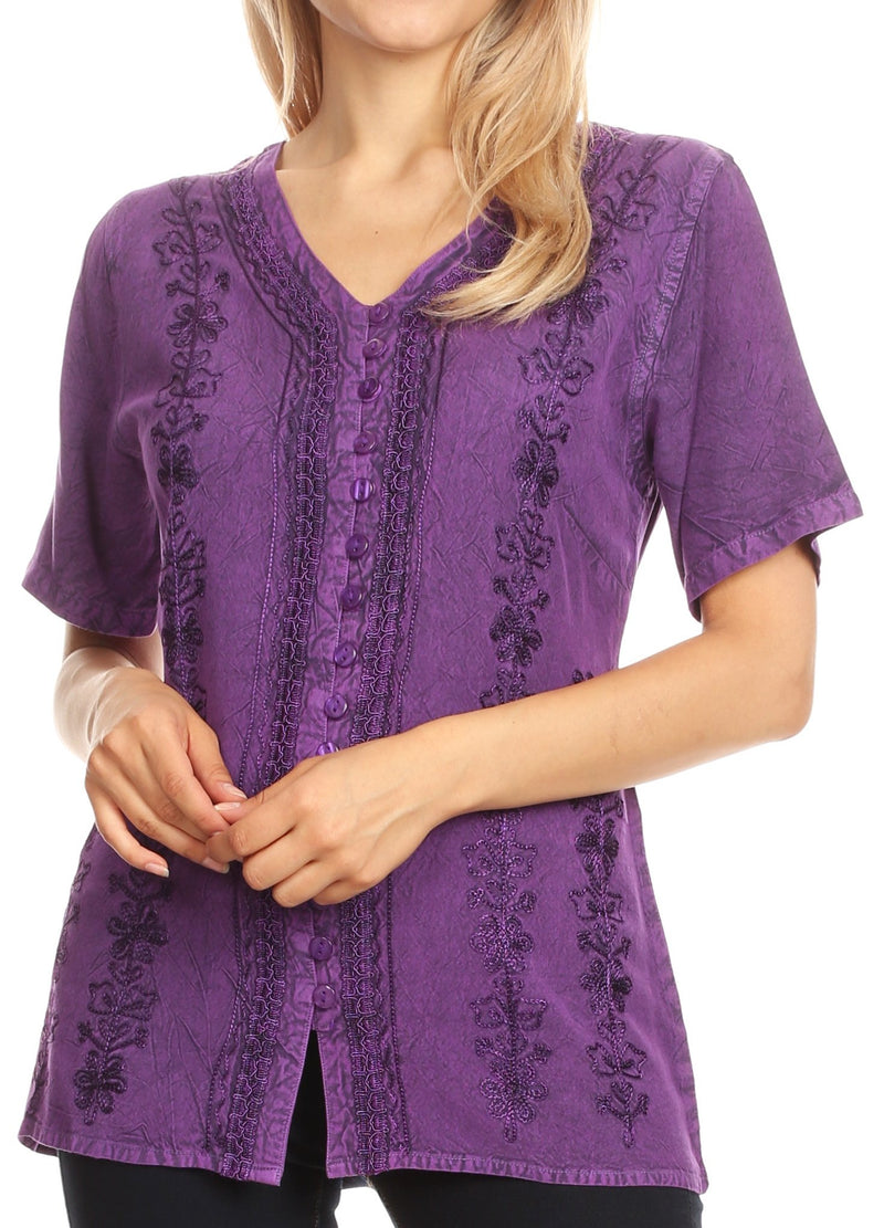 Sakkas Estella Womens Short Sleeve V neck Button Down Top Blouse with Embroidery