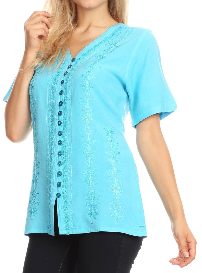 Sakkas Estella Womens Short Sleeve V neck Button Down Top Blouse with Embroidery