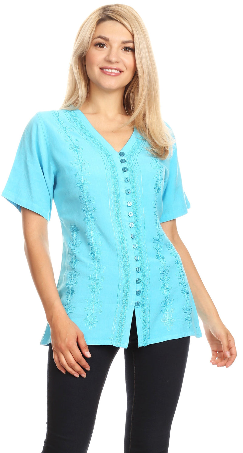 Sakkas Estella Womens Short Sleeve V neck Button Down Top Blouse with Embroidery