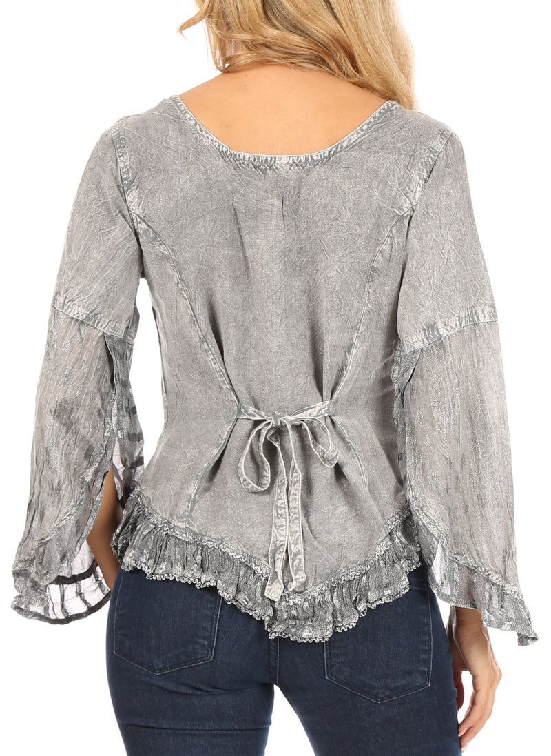 Sakkas Aura Womens Casual Ruffle Flare Crop Top Blouse Long Sleeves w/Embroidery