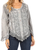 Sakkas Aura Womens Casual Ruffle Flare Crop Top Blouse Long Sleeves w/Embroidery#color_Charcoal