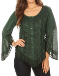 Sakkas Aura Womens Casual Ruffle Flare Crop Top Blouse Long Sleeves w/Embroidery#color_DarkGreen