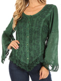 Sakkas Aura Womens Casual Ruffle Flare Crop Top Blouse Long Sleeves w/Embroidery#color_Green