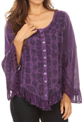 Sakkas Aura Womens Casual Ruffle Flare Crop Top Blouse Long Sleeves w/Embroidery#color_Purple