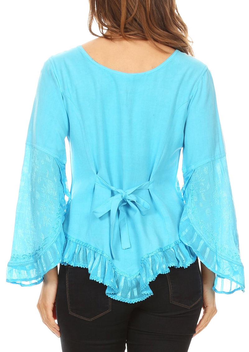 Sakkas Aura Womens Casual Ruffle Flare Crop Top Blouse Long Sleeves w/Embroidery