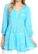 Sakkas Valeria Womens V neck  Bohemian Ethnic Casual Flare Blouse Top Embroidered