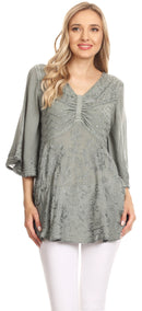 Sakkas Valeria Womens V neck  Bohemian Ethnic Casual Flare Blouse Top Embroidered