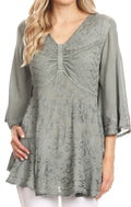 Sakkas Valeria Womens V neck  Bohemian Ethnic Casual Flare Blouse Top Embroidered#color_Grey