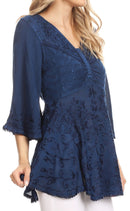 Sakkas Valeria Womens V neck  Bohemian Ethnic Casual Flare Blouse Top Embroidered