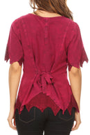 Sakkas Emma Womens Stonewashed V neck Short Sleeve Blouse Top Crochet Button Down