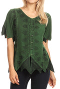 Sakkas Emma Womens Stonewashed V neck Short Sleeve Blouse Top Crochet Button Down#color_Green