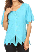 Sakkas Emma Womens Stonewashed V neck Short Sleeve Blouse Top Crochet Button Down#color_Turquoise