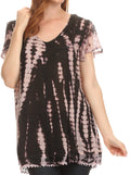 Sakkas Spala Long Tie Dye Embroidered Cap Sleeve Drop V Neck Blouse Shirt Top#color_Black