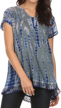Sakkas Spala Long Tie Dye Embroidered Cap Sleeve Drop V Neck Blouse Shirt Top#color_Blue
