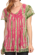 Sakkas Spala Long Tie Dye Embroidered Cap Sleeve Drop V Neck Blouse Shirt Top#color_Pink