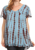 Sakkas Spala Long Tie Dye Embroidered Cap Sleeve Drop V Neck Blouse Shirt Top#color_Sky Blue