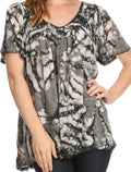 Sakkas Laylah Long Wide Short Sleeve Embroidery Lace Sequin Blouse Shirt Tunic Top#color_Grey