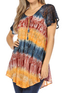 Sakkas Monet Long Tall Tie Dye Ombre Embroidered Cap Sleeve Blouse Shirt Top
