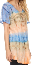 Sakkas Monet Long Tall Tie Dye Ombre Embroidered Cap Sleeve Blouse Shirt Top