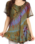 Sakkas Splenka Long Tie Dye Embroidered Corset Neck Cap Sleeve Blouse Shirt Top#color_Multicolored