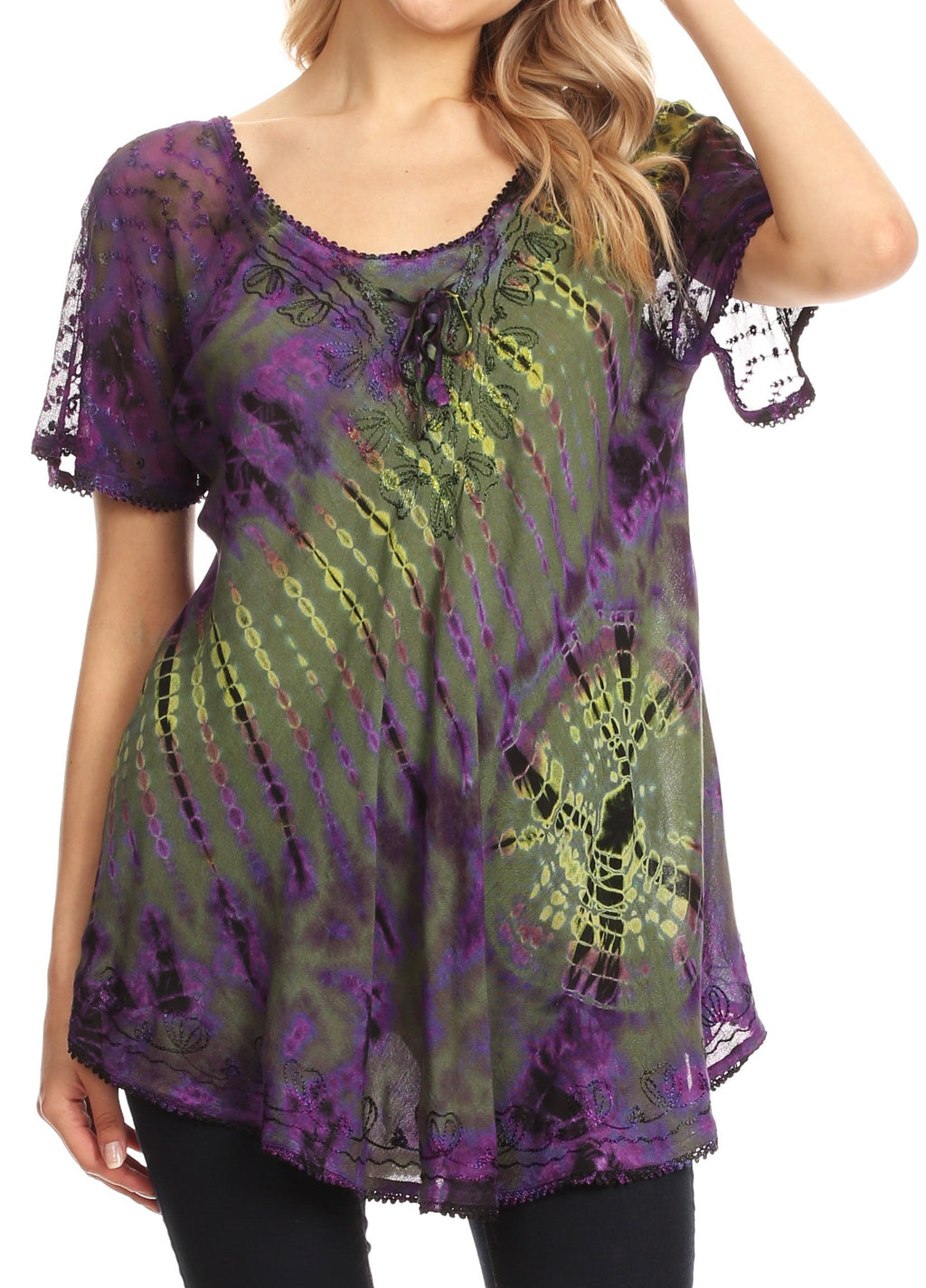 Sakkas Splenka Long Tie Dye Embroidered Corset Neck Cap Sleeve Blouse