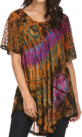 Sakkas Splenka Long Tie Dye Embroidered Corset Neck Cap Sleeve Blouse Shirt Top#color_OrangeMulti