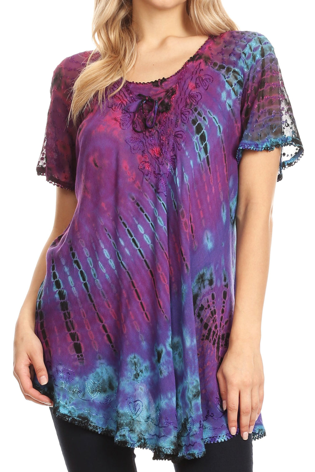 Sakkas Splenka Long Tie Dye Embroidered Corset Neck Cap Sleeve Blouse