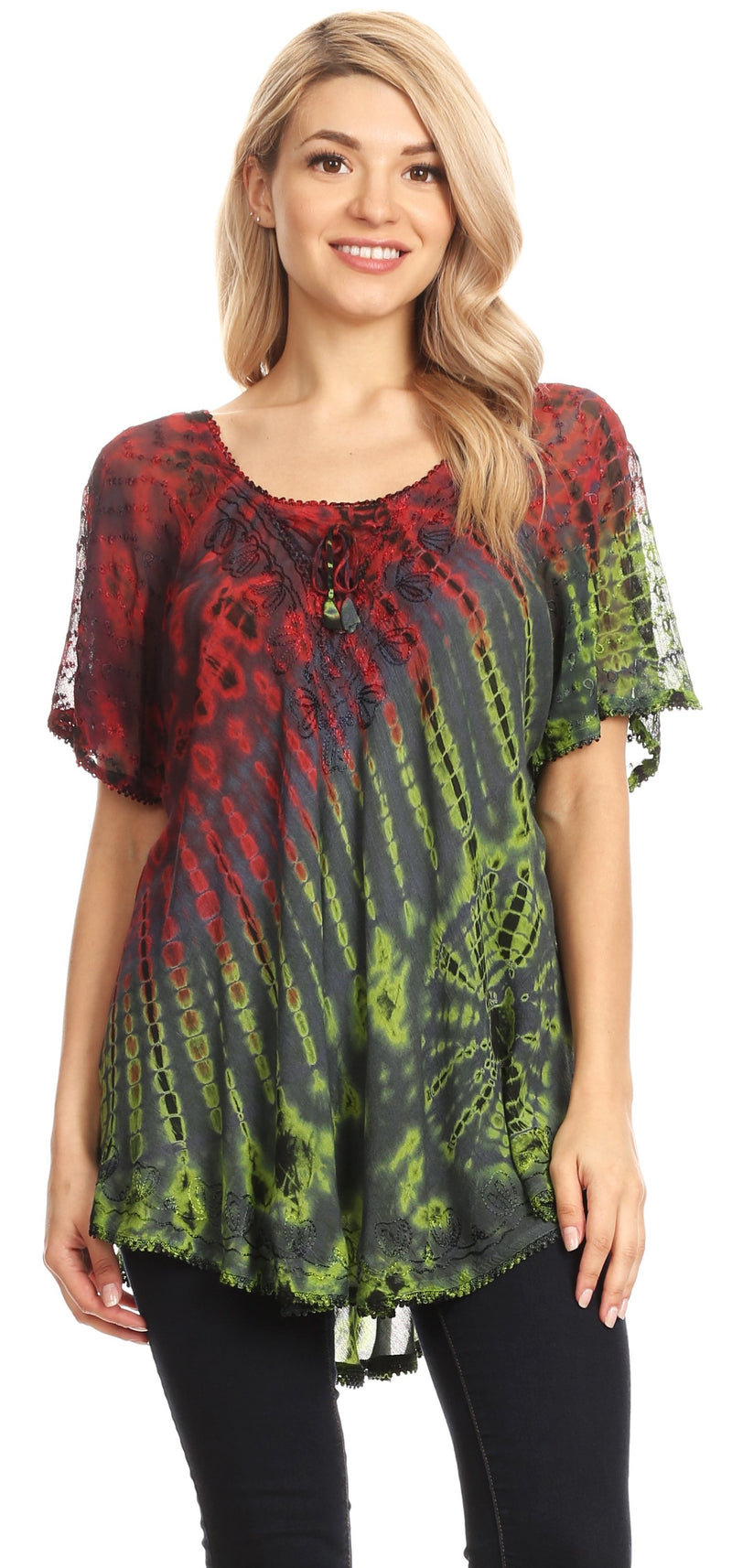 Sakkas Splenka Long Tie Dye Embroidered Corset Neck Cap Sleeve Blouse Shirt Top