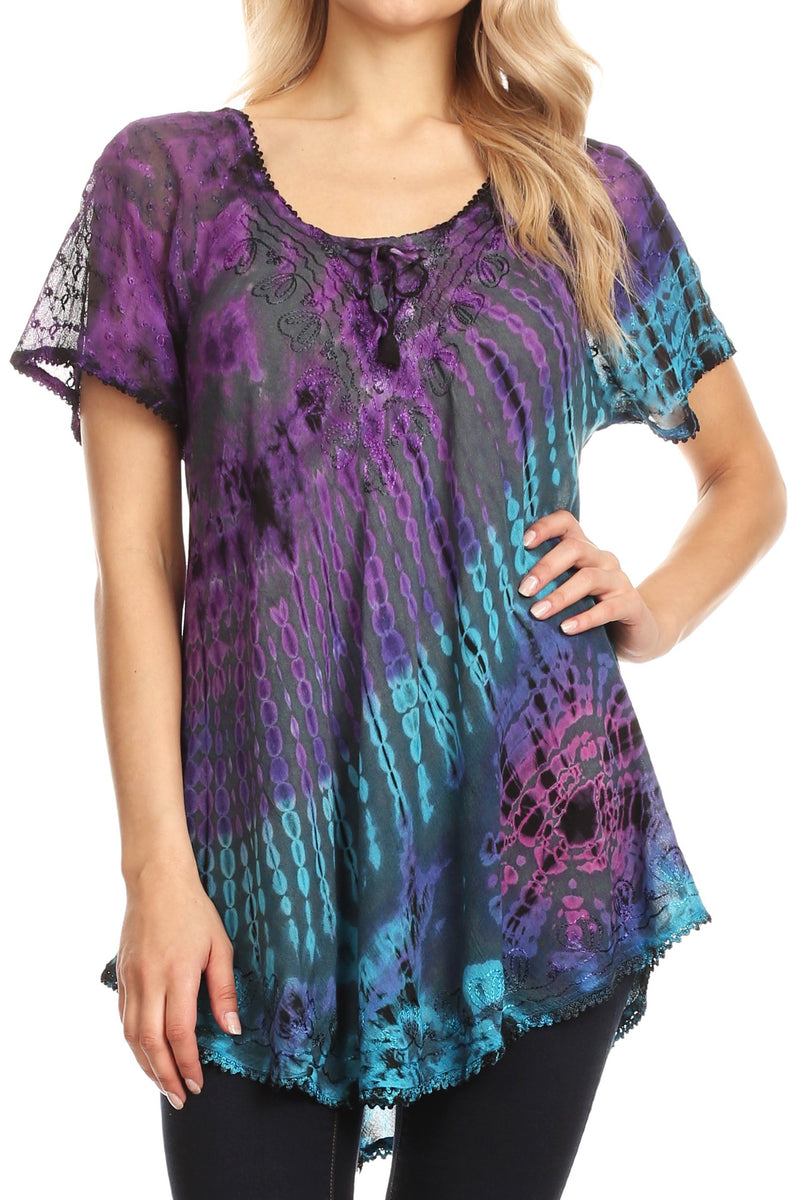 Sakkas Splenka Long Tie Dye Embroidered Corset Neck Cap Sleeve Blouse Shirt Top